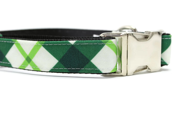 Green and White Plaid Canvas Dog Collar