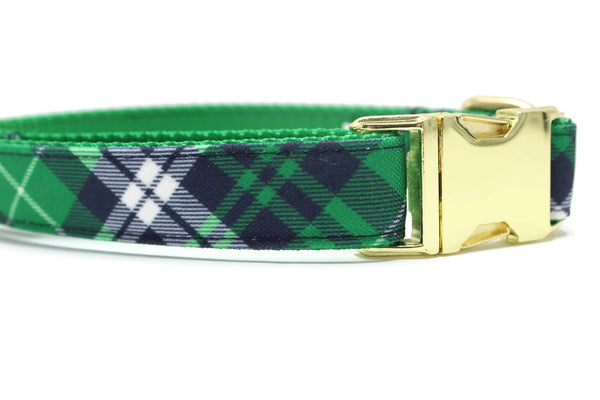 Green, Navy and White Plaid Canvas Dog Collar