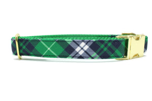 Green, Navy and White Plaid Canvas Dog Collar
