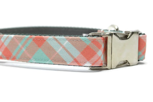 Coral, Mint and White Plaid Canvas Dog Collar