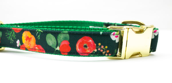 Dark Green Floral Canvas Dog Collar