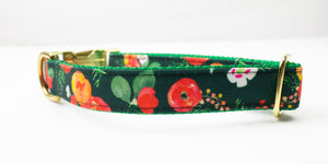 Dark Green Floral Canvas Dog Collar