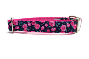 Navy and Pink Floral Canvas Dog Collar