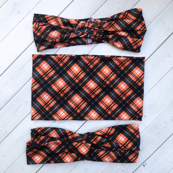 Pumpkin Spice Plaid Headband, Scrunchie or Hair Bow